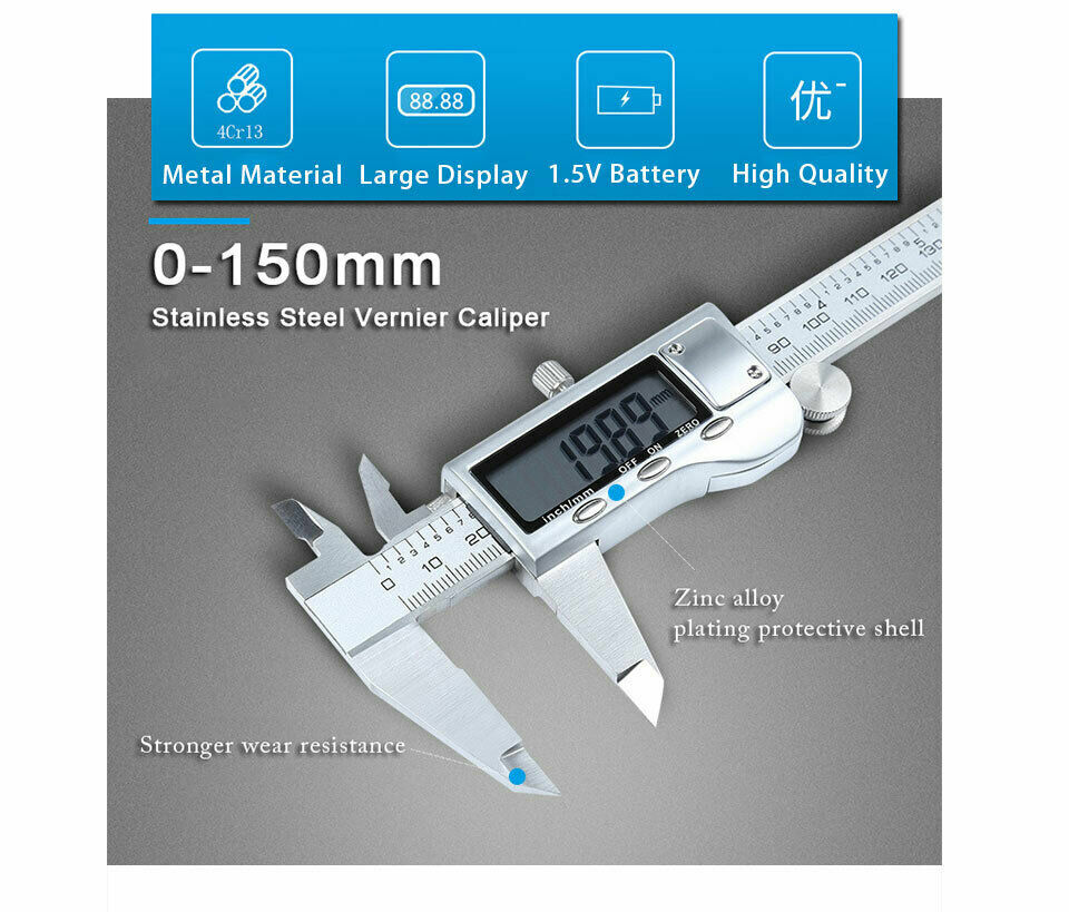 150mm Digital Vernier Caliper 6” Stainless Steel Micrometer LCD Gauge Measuring