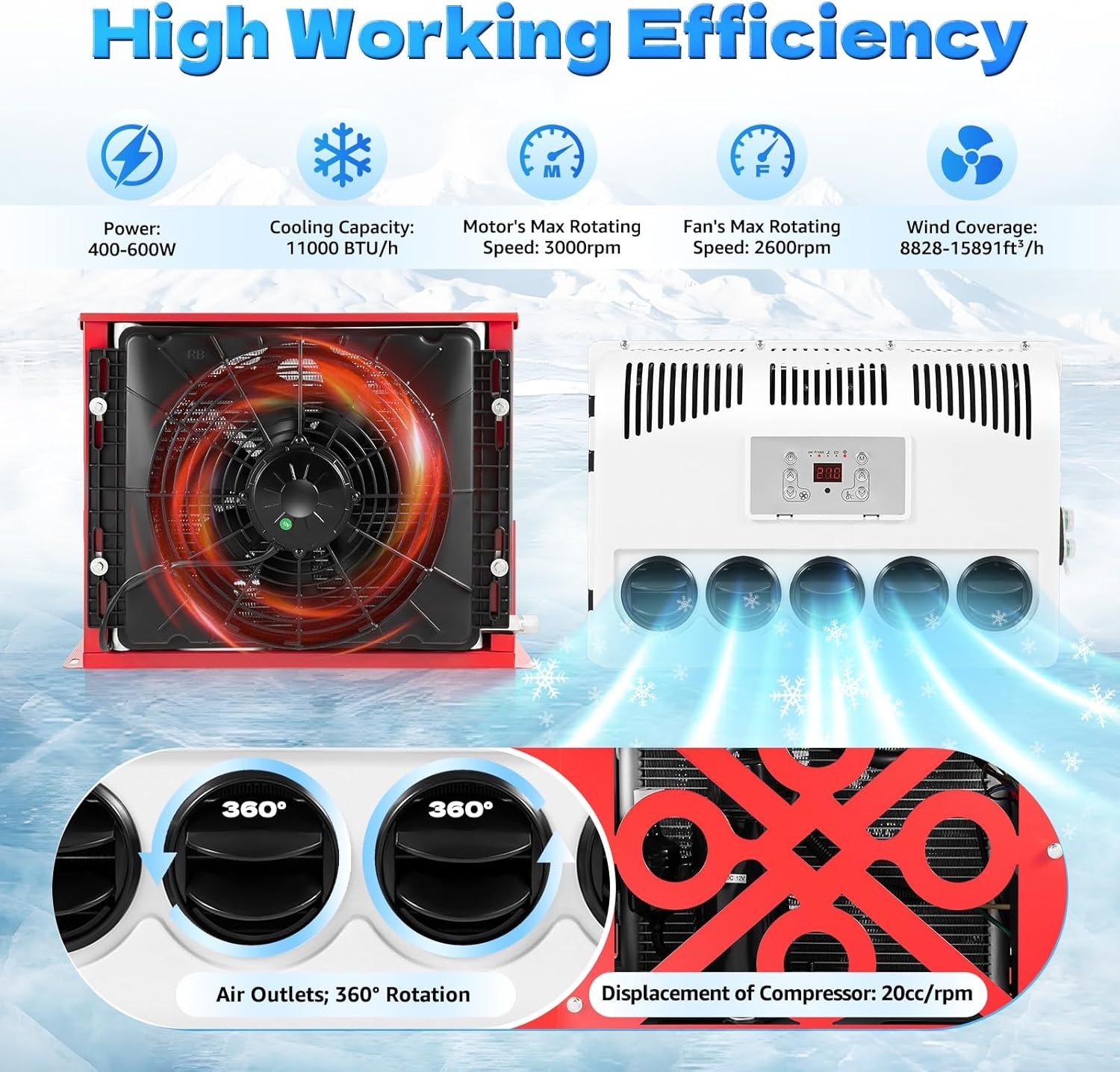 12V 11000 BTU Truck Air Conditioner Split AC Fits Semi Trucks Bus RV Caravan