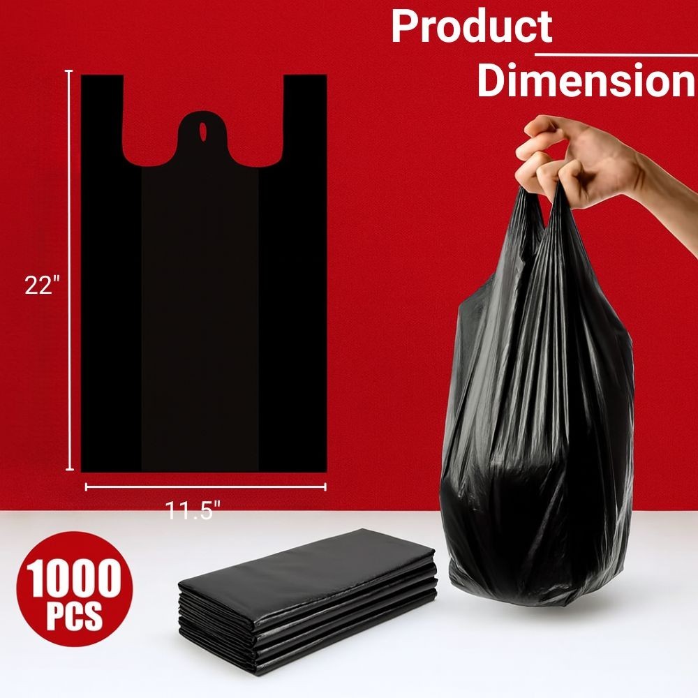 1/6 Large 22 x 6.5 x 11.5 BLACK T-Shirt Heavy Duty Plastic Grocery Shopping Bags