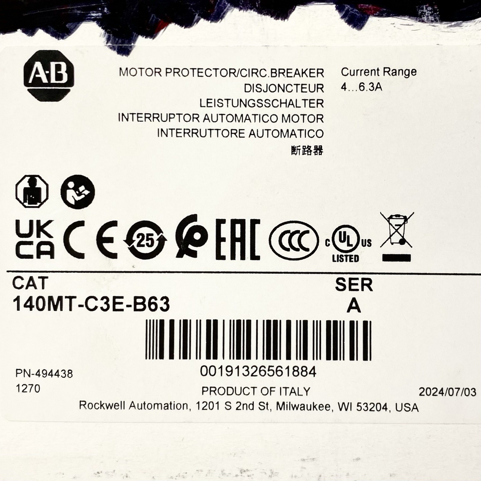 Allen Bradley 140MT-C3E-B63 Motor Protector Circuit Breaker 4-6.3A DIN Rail
