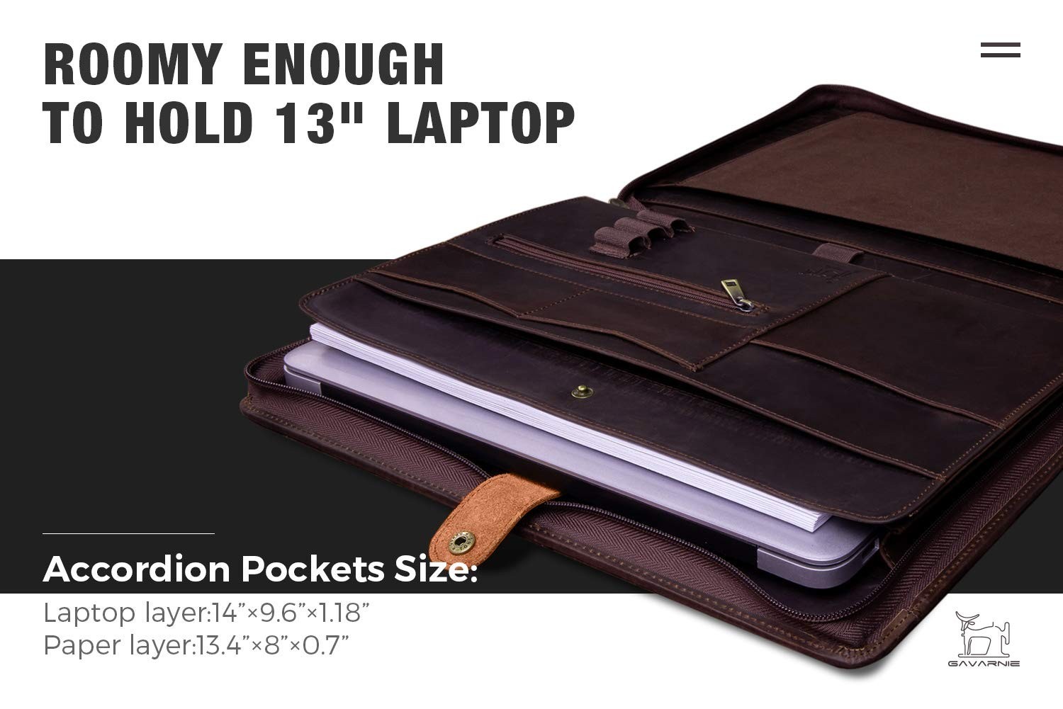 Leather Business Portfolio Padfolio with Zipper for 13″ Laptop & Notepad – Dark
