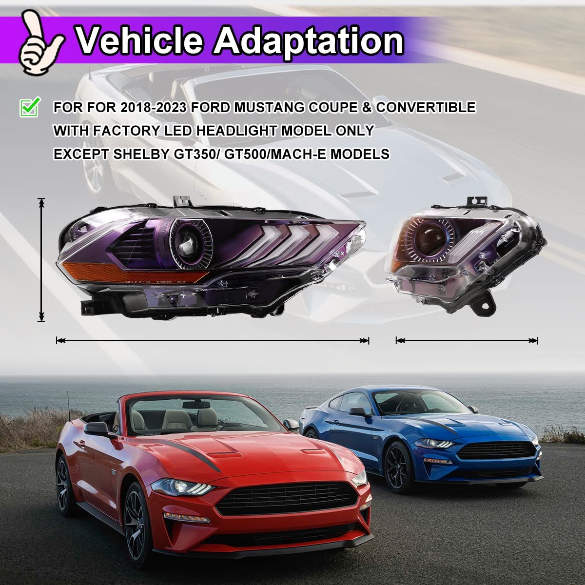 Ford Mustang 2018-2023 LED Projector Headlamps DRL Turn Signal Hi/Lo Blue-Purple