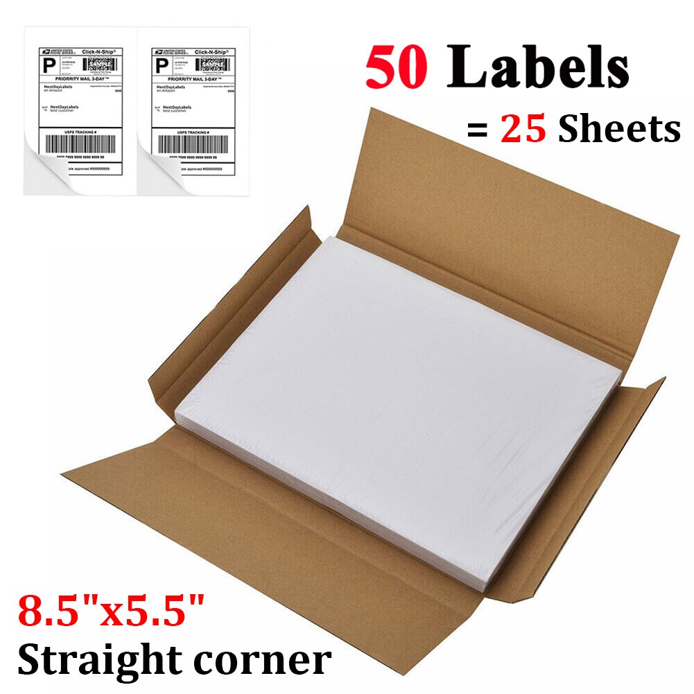 50 Shipping Address Labels Blank 8.5″x5.5″ Half Sheet Self Adhesive 2 Per Sheet