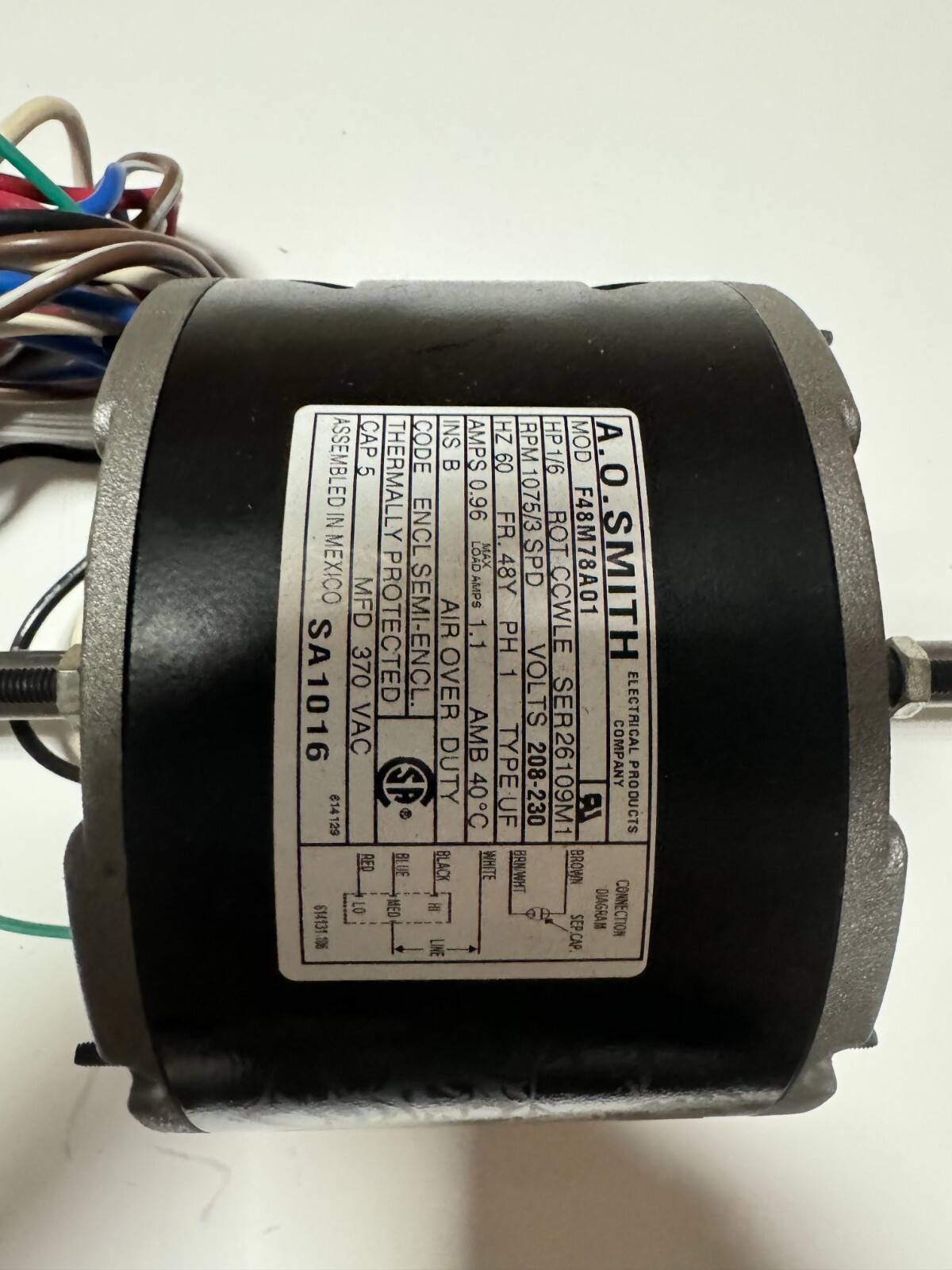 AO Smith SA1016 F48M78A01 1/6 HP 1075 RPM .96 AMP 208V-230V 3 Spd Electric Motor
