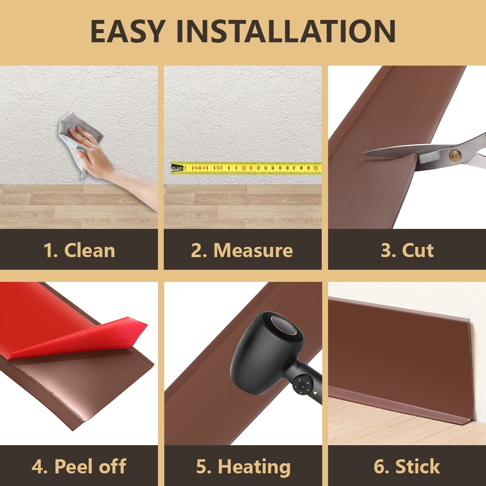 Vinyl Wall Base Baseboard Molding Trim 4″x 20FT Flexible Self Adhesive Brown