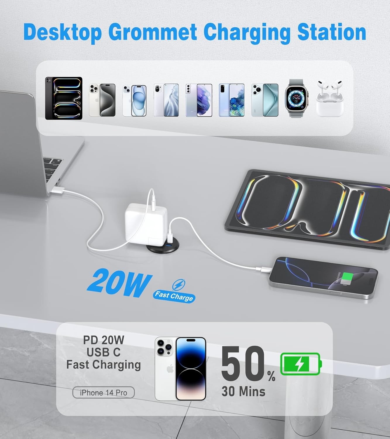 2 inch Desk Power Grommet Outlet, Recessed Outlet with 20W USB-C, Black