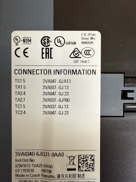 SIEMENS CIRCUIT BREAKER 3VA6340-6JQ31-0AA0 400A 3P 690VAC, 65kA FAULT LSIG