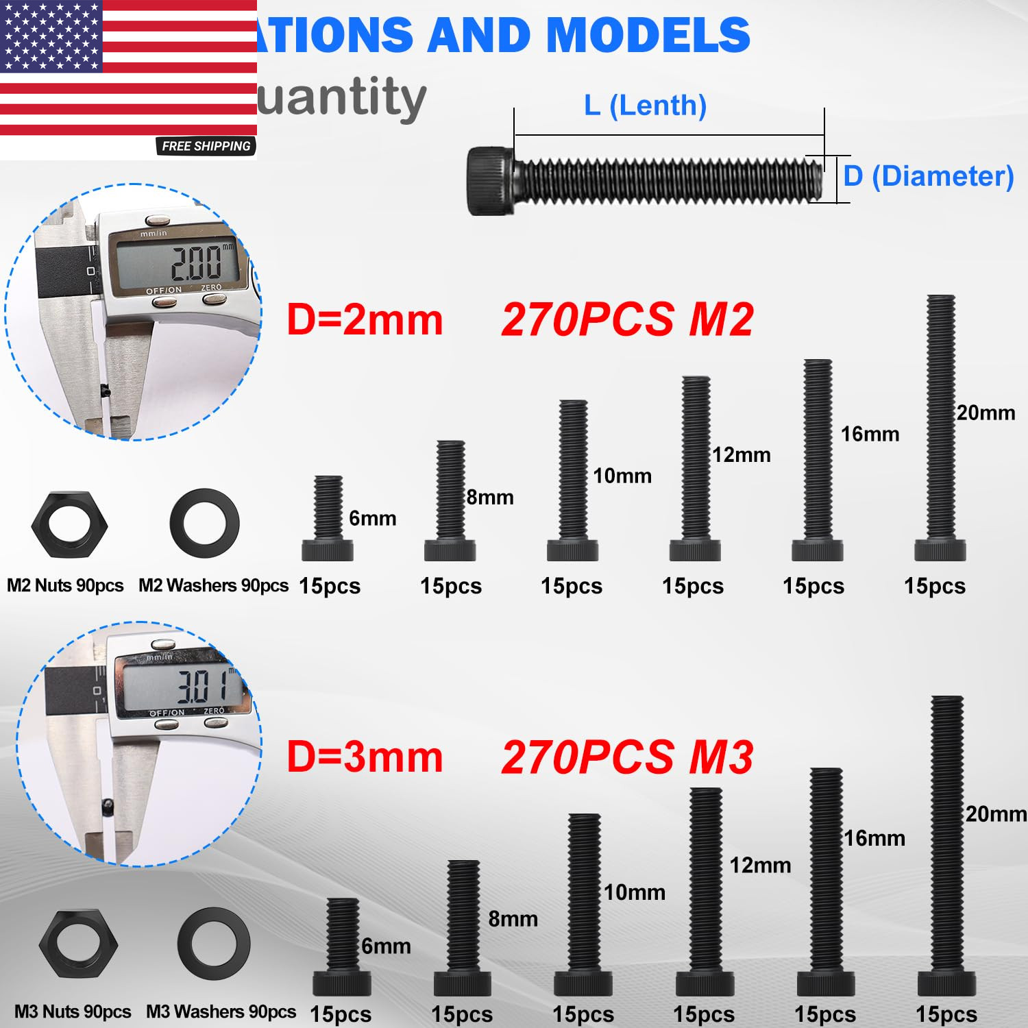 540PCS M2 M3 Metric Screws Assortment Set Suitable for 3D Printer Diy,Hex Socket