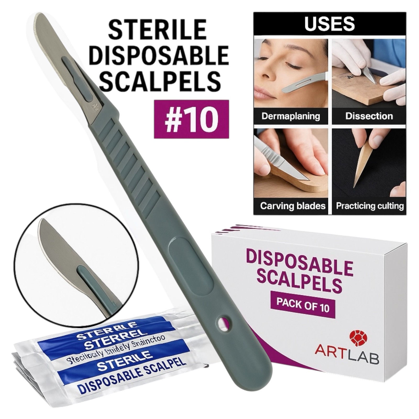 10 PCS STERILE DISPOSABLE SCALPELS #10-SINGLE USE-DENTAL, SURGICAL, DERMAPLANING