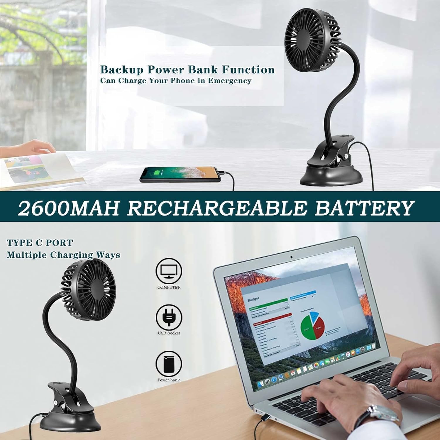 Clip On USB Mini Desk Fan with Emergency Power Bank 3 Speed Black
