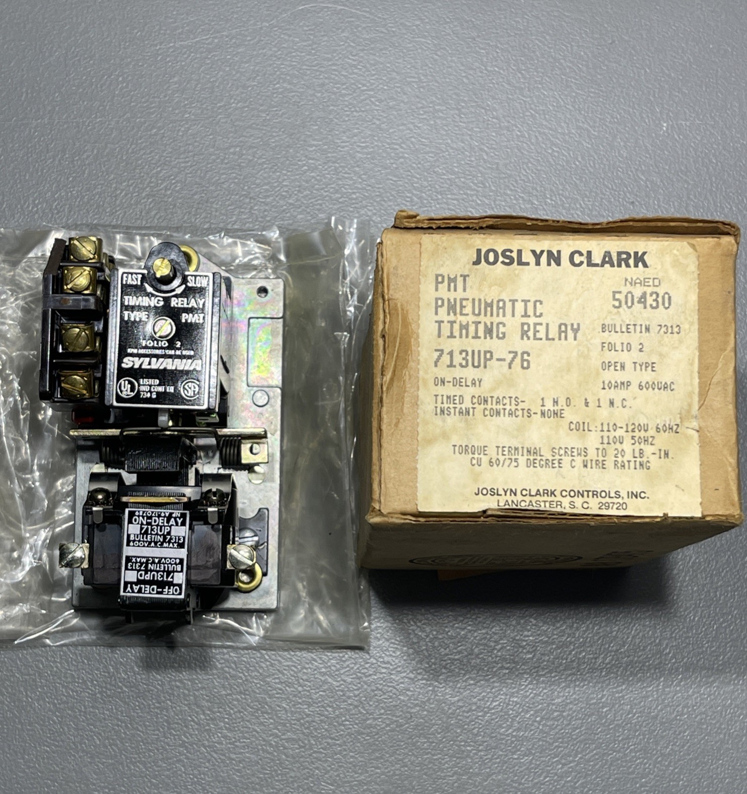 Joslyn Clark 713UP-76 PMT Pneumatic Timing Relay Open Type 10A 600VAC 50430