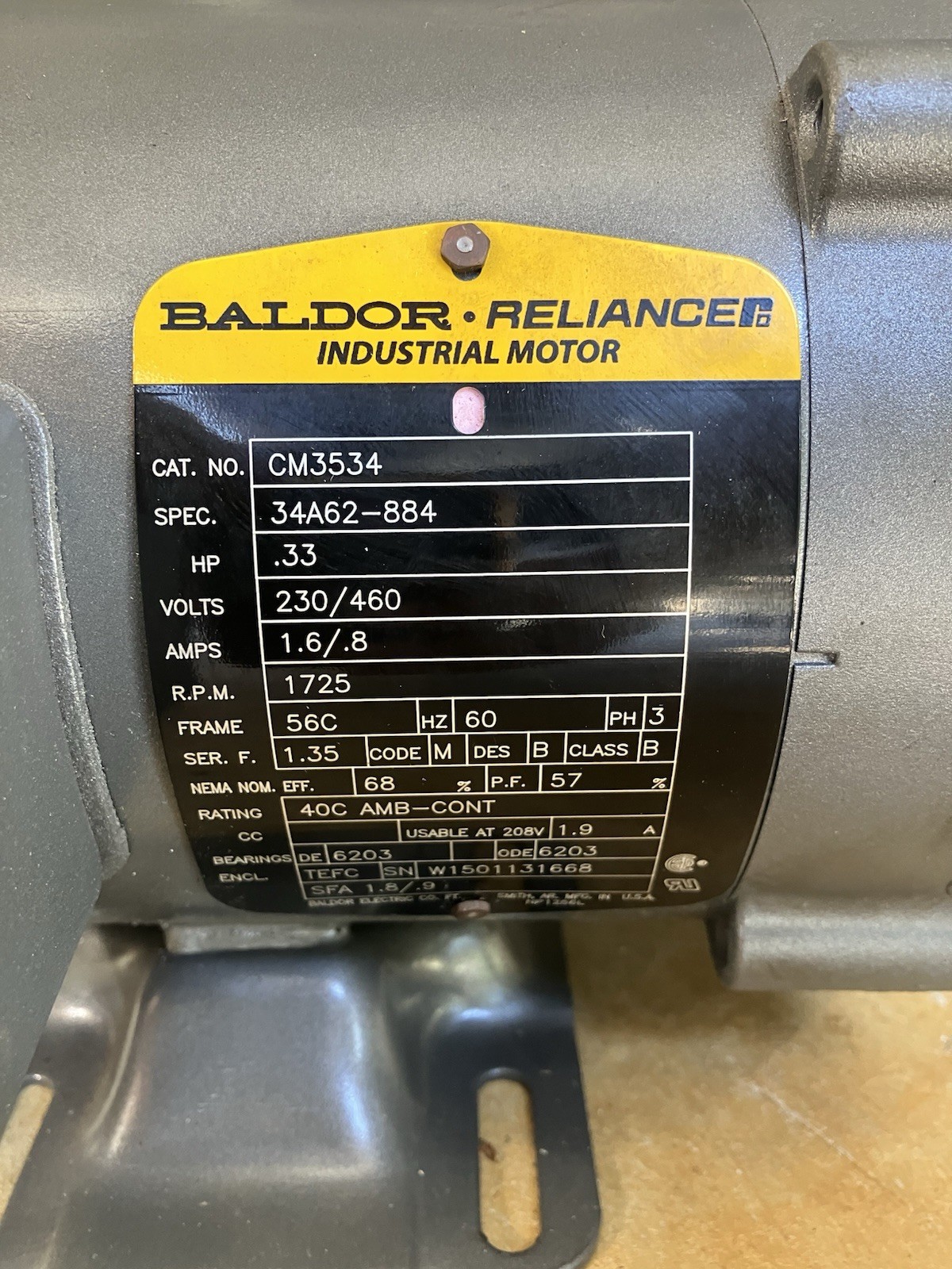 Baldor CM3534 Electric Motor .33 hp 1725 RPM 56C Frame 3 Phase