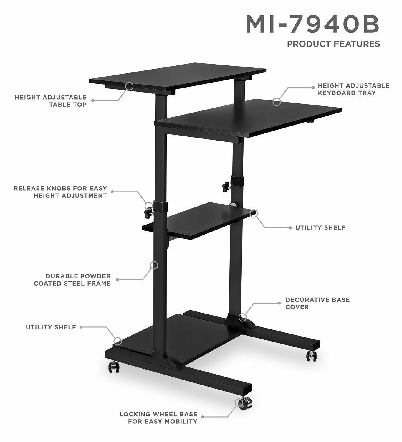 Mount-It! Mobile Stand Up Desk | Height Adjustable Computer Rolling Cart | Black