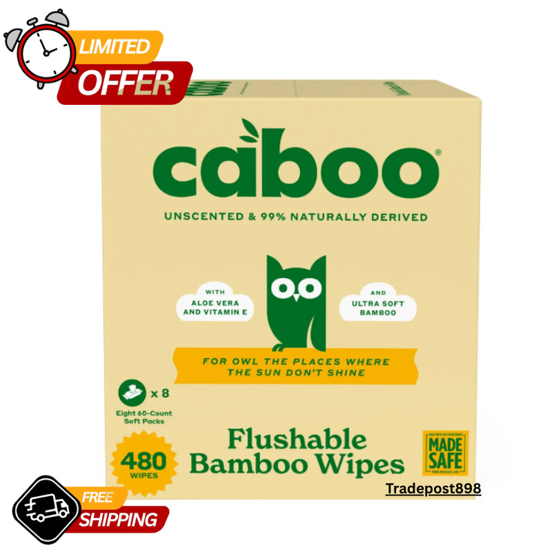 Caboo Unscented Flushable Bamboo Wipes, Hypoallergenic, 8 Packs, 480 Wipes NEW