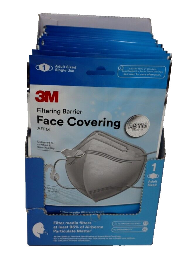 20-Pack 3M Filtering Barrier Face Covering, Adult Sized Single Use, ASTM Tested