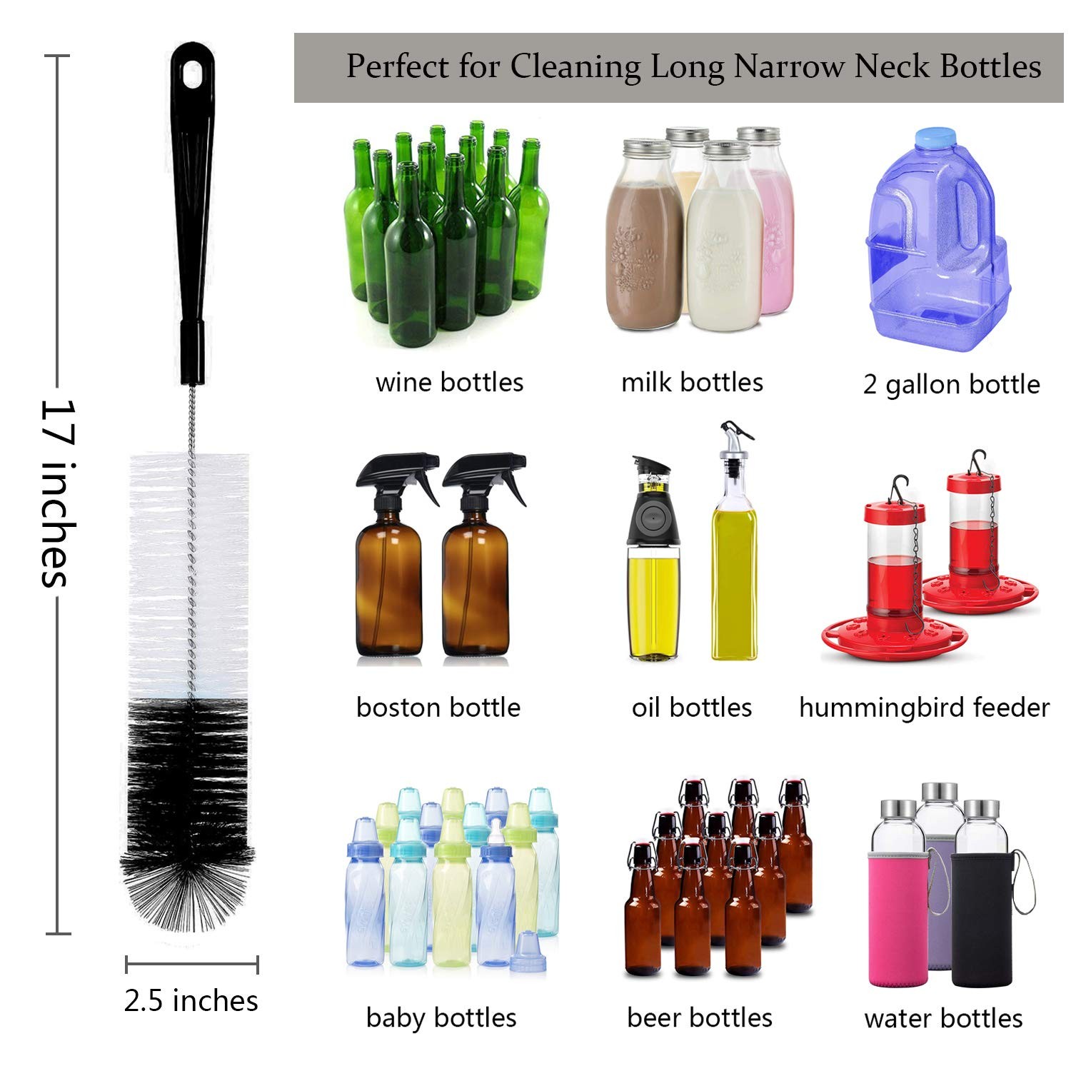 ALINK 8-Pack Bottle Cleaning Brush Set – Long 5 Piece Assortment, Black