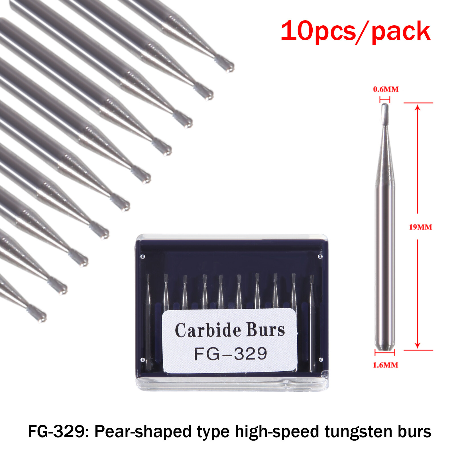 10 Pcs Dental Carbide Burs Pear-Shaped Type High Speed Tungsten Steel Bur FG329