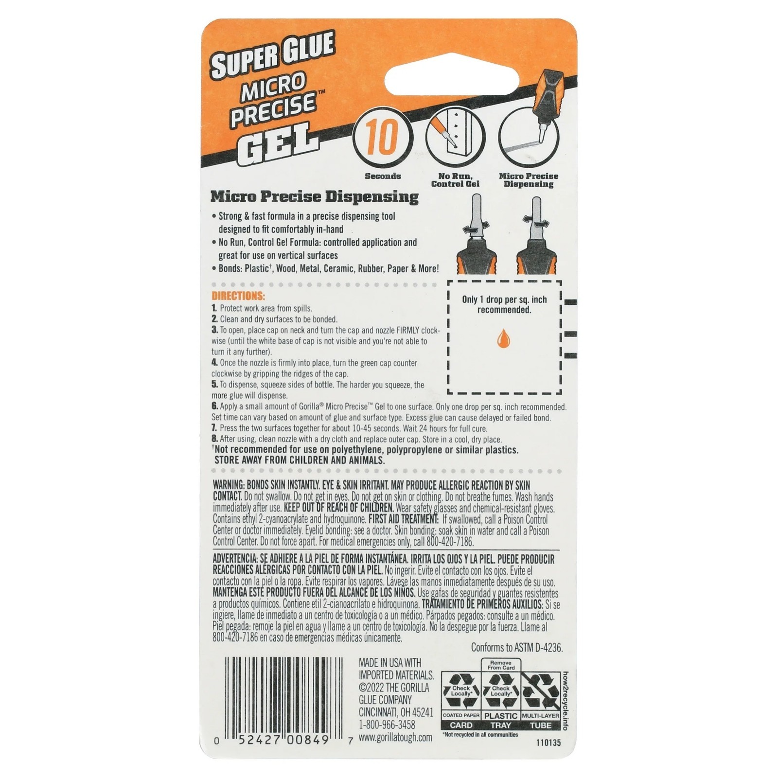 Gorilla Micro Precise Super Glue Gel, Cyanoacrylate Glue, Pack of 2, Clear