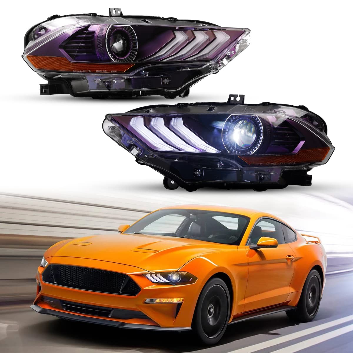 Ford Mustang 2018-2023 LED Projector Headlamps DRL Turn Signal Hi/Lo Blue-Purple