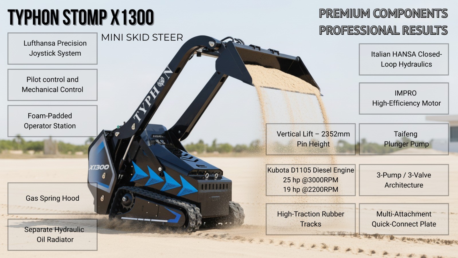 3040lbs TYPHON STOMP X1300 25HP Kubota D1105 EPA Diesel Mini Skid Steer Loader