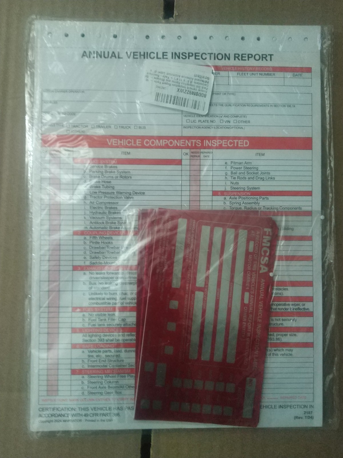 10 PACKS! Annual Vehicle Inspection Report With Red Aluminum, FMCSA