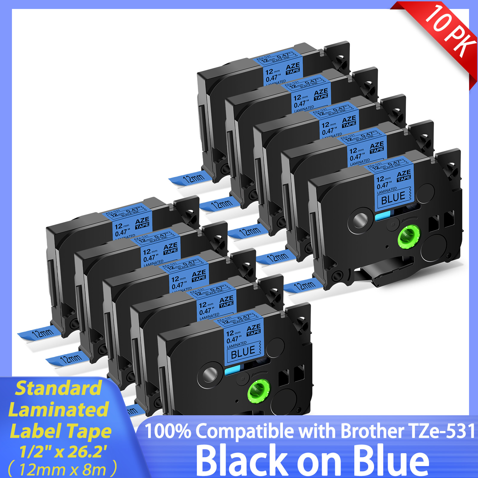 10x TZ-531 TZe-531 Black on Blue 12mm Label Tape Fit For Brother PT-D200MA