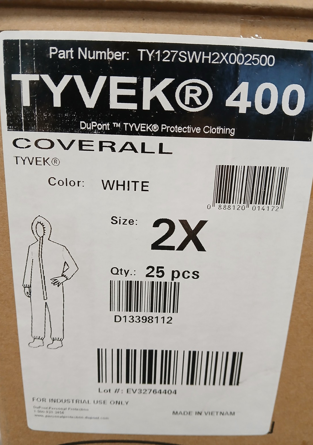 Case of TWENTY-FIVE NEW DuPont Tyvek 400 Coveralls, Size 2XL