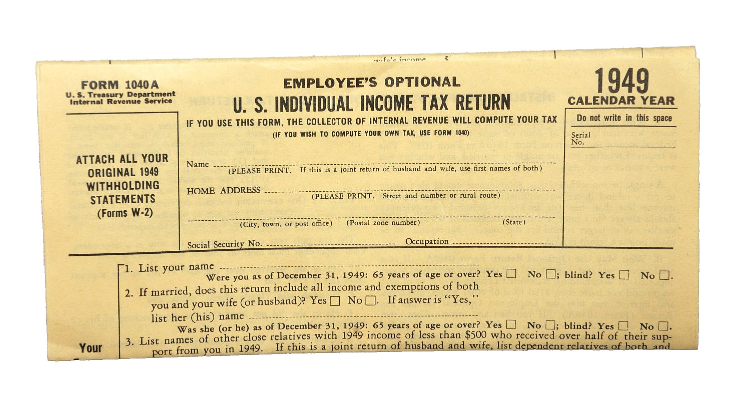 United States U.S. INDIVIDUAL INCOME TAX RETURN Form 1040A Unused IRS VTG 1949