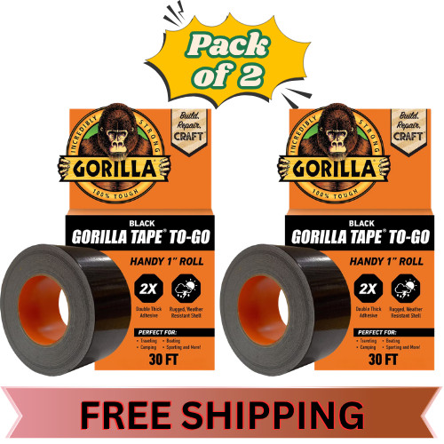 (2 pack) Gorilla Black Duct Tape to-Go, 1 in x 30 ft Single Roll