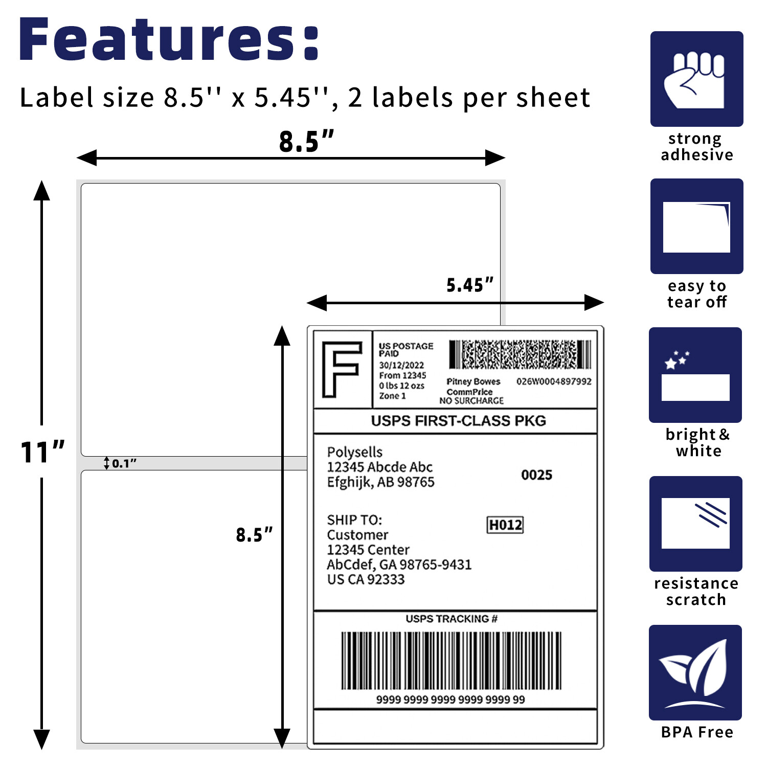 Shipping Labels 8.5×5.5 half sheet Self Adhesive 2 Per Sheet POLYSELLS 2UP