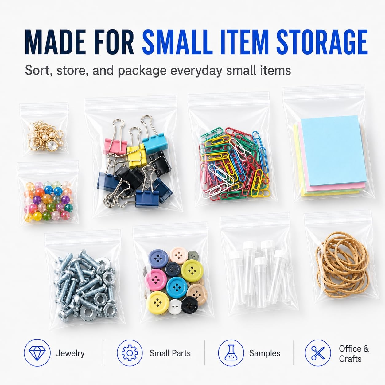 Small Plastic Bags, 300 PCS Small Jewelry Bags 3 Assorted Sizes 2×2 2×3 3×4 Inch