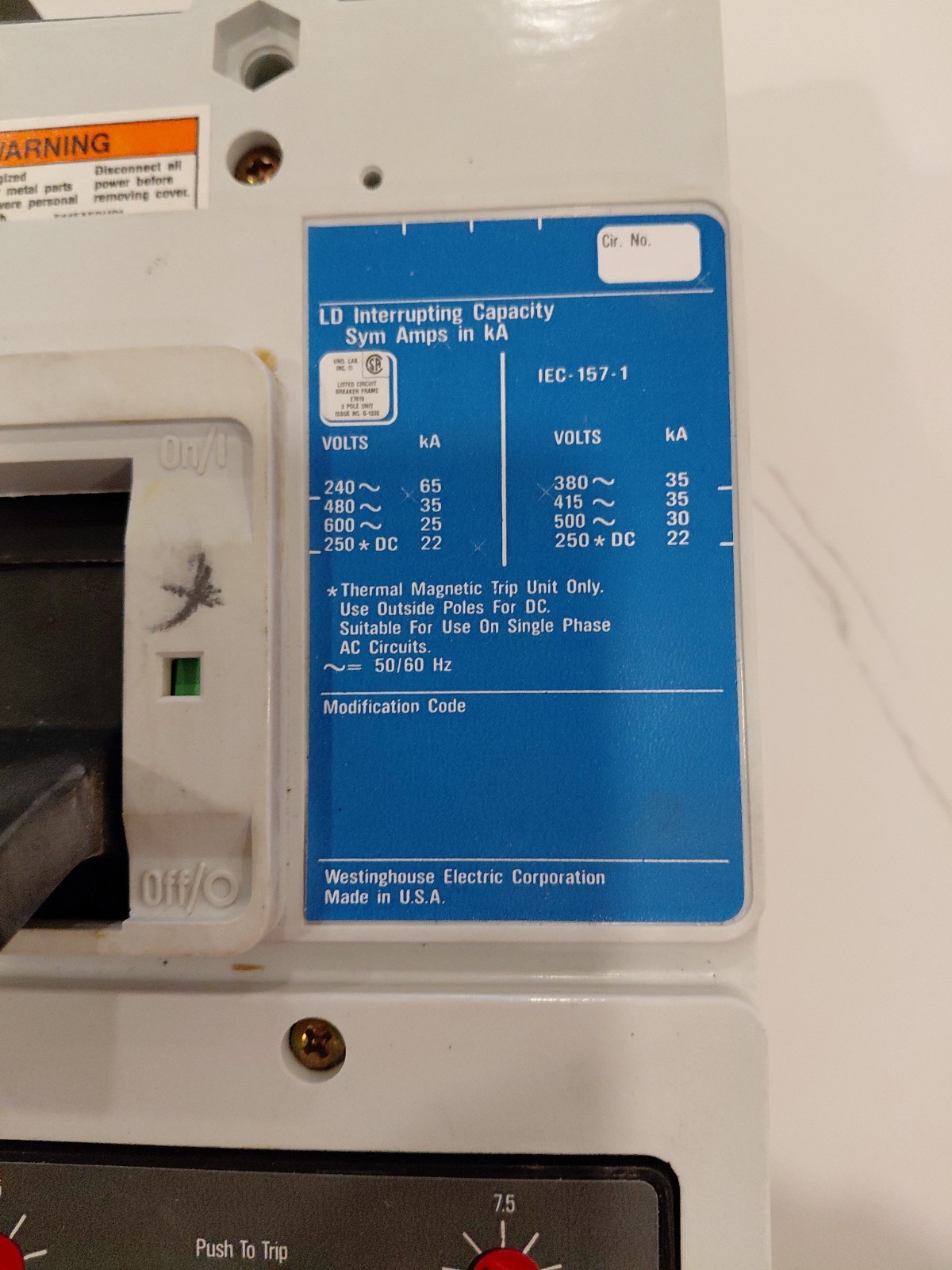 Westinghouse LD3600F 600Amp 600Volt 3Pole Bolt-On Breaker w/ 500Amp Trip Unit