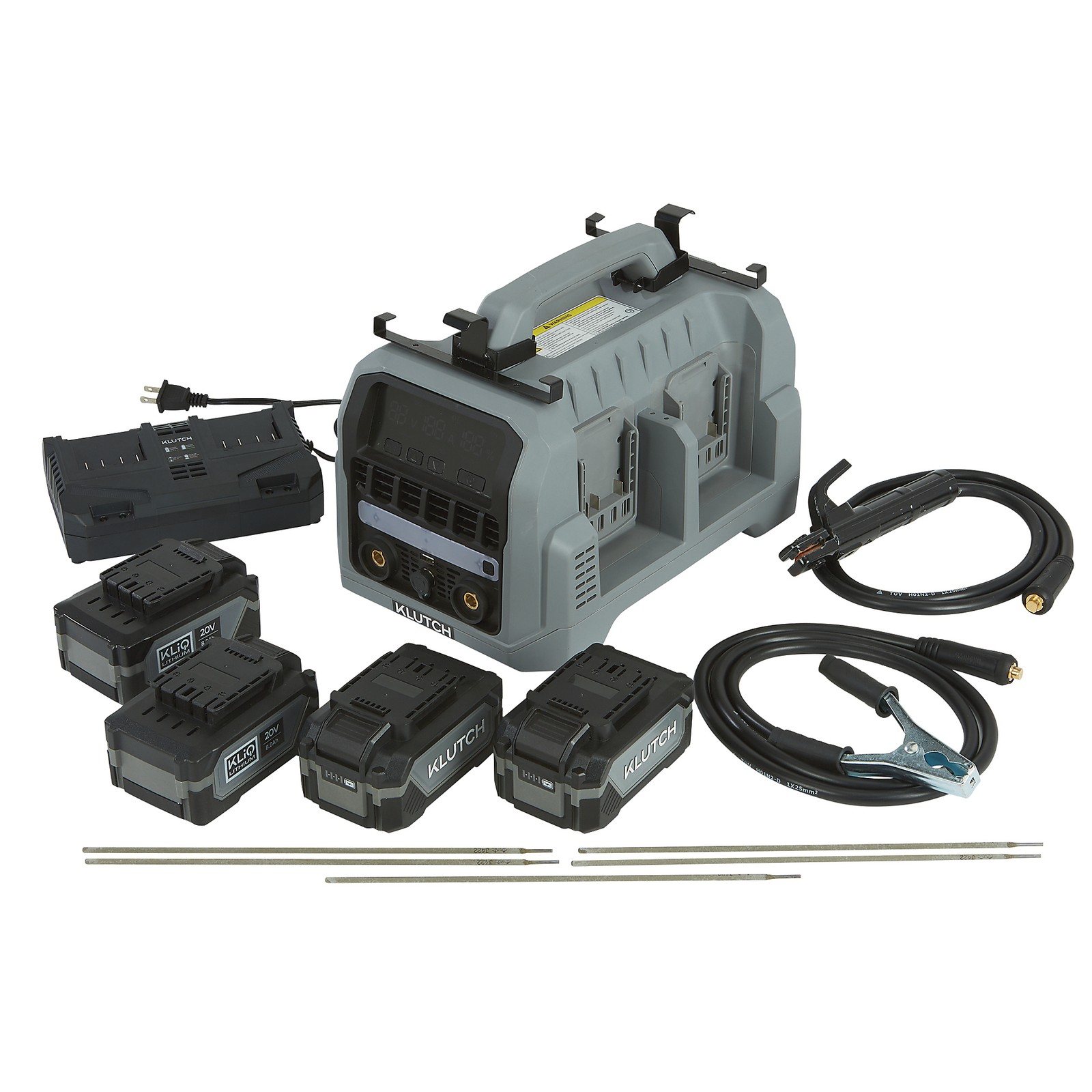 Klutch Cordless Welder Kit, KLiQ 20V, 200 Amps, 4-Pack 8.0Ah Batteries,