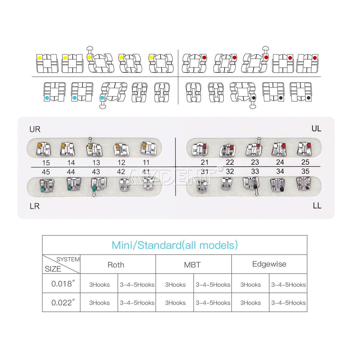 AZDENT Dental Orthodontic Brackets Mini/Standard Roth/MBT 018/022 Hooks 3/345