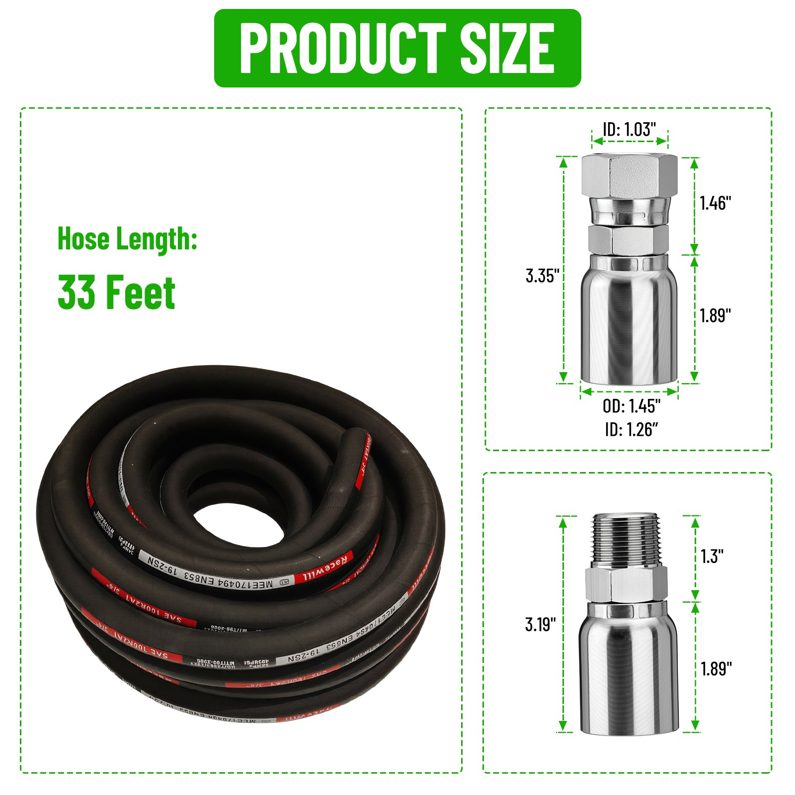 33FT 3/4″ Hydraulic Hose + 12 Straight Fittings 3/4″ JIC Female & 3/4 NPTF Male