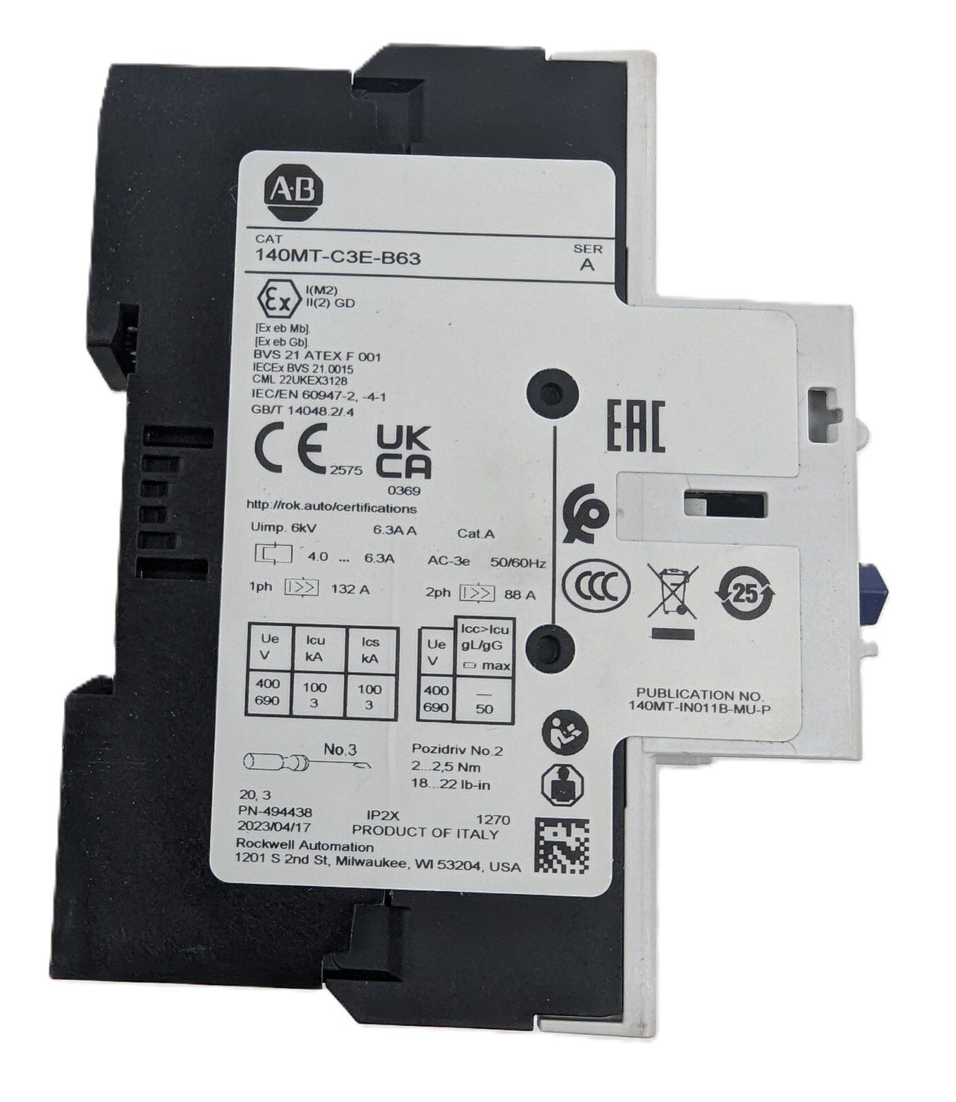 Allen-Bradley 140MT-C3E-B63 Motor Circuit Breaker Protection 4-6.3Amp NEW