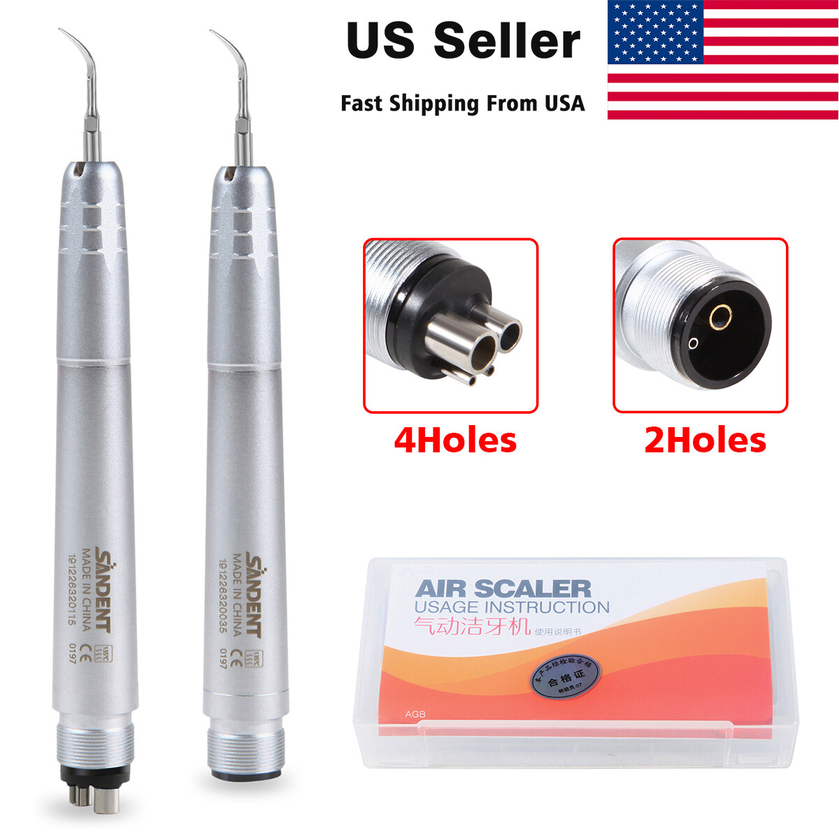 USA Dental Ultrasonic Air Perio Scaler Handpiece Hygienist 2 & 4-Holes 3 Tips CE