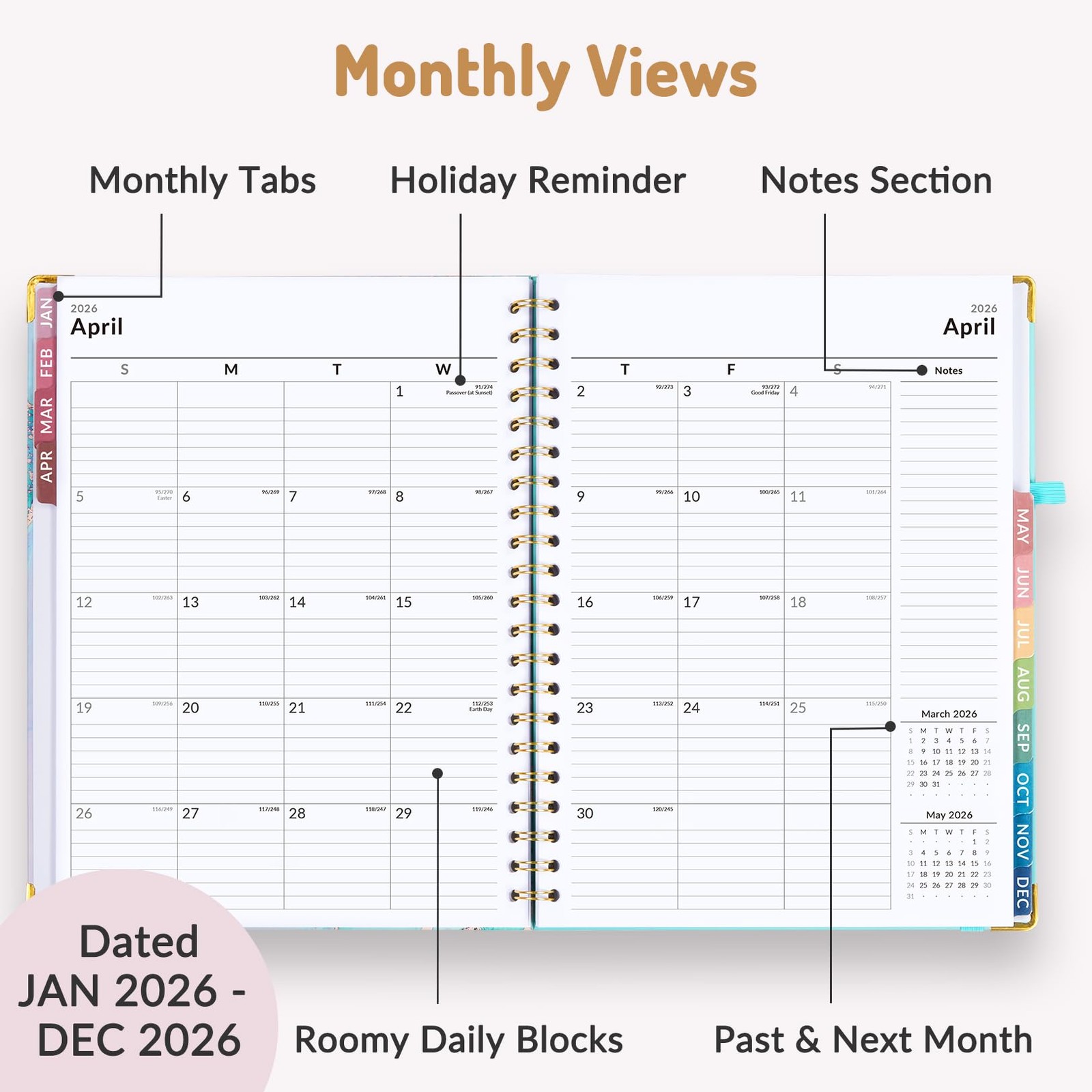 Forvencer 2026 Planner, Weekly and Monthly Calendar Letter, Light Green