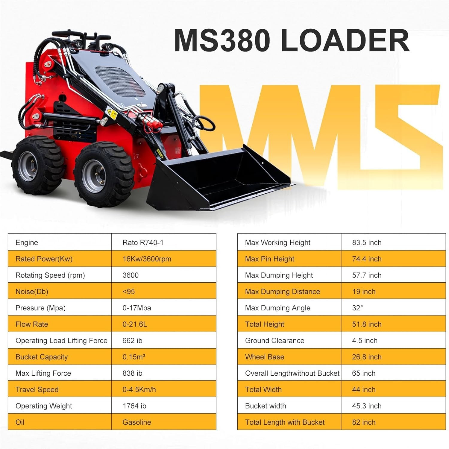 Free Ship MS380 MINI Skid Steer Loaders 23HP Wheeled Skid Steer EPA Gas Engine