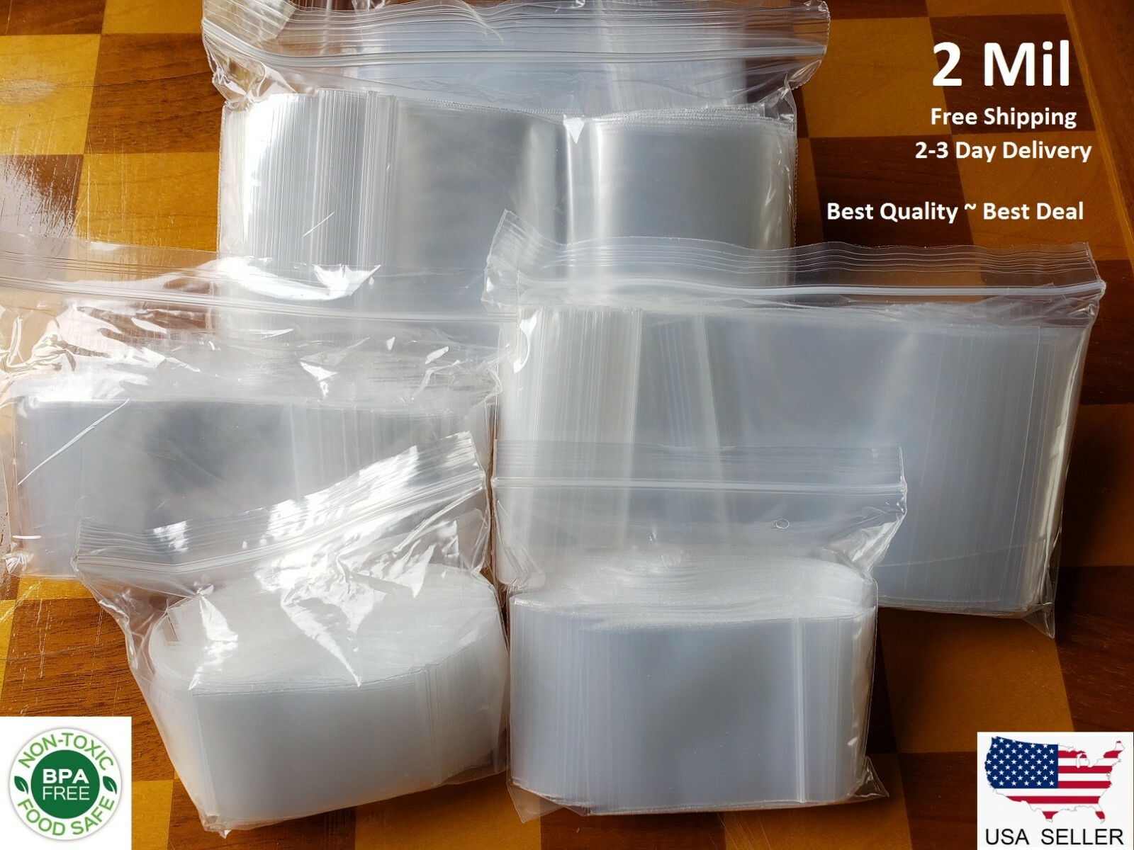Clear Reclosable Zipper Top Poly Plastic Bags Lock Zip Seal Baggies 2 Mil 2ML