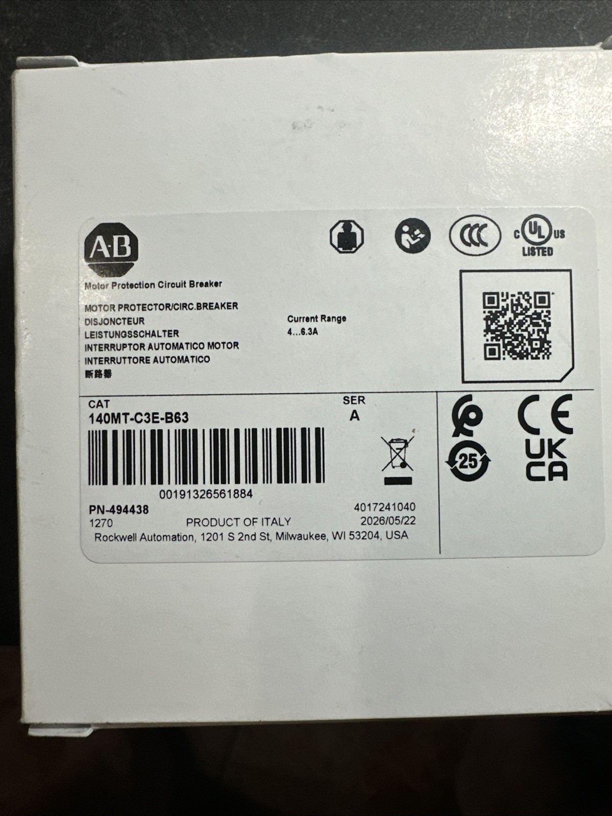 NEW! IN BOX AB 140MT-C3E-B63 4.0-6.3A 3-Pole Motor Protection Breaker
