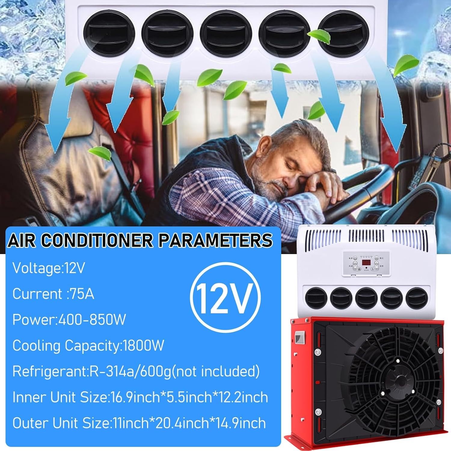 12V 11000 BTU Truck Air Conditioner Split AC Fits Semi Trucks Bus RV Caravan