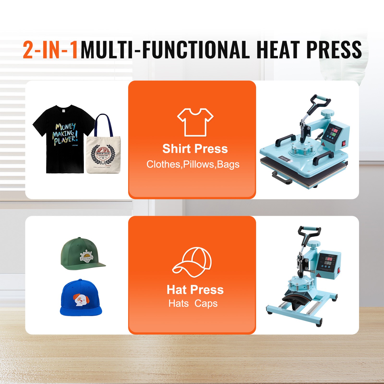 VEVOR Heat Press Machine 12×15 in 2 in 1 Heat Transfer Machine for T-Shirts Hats