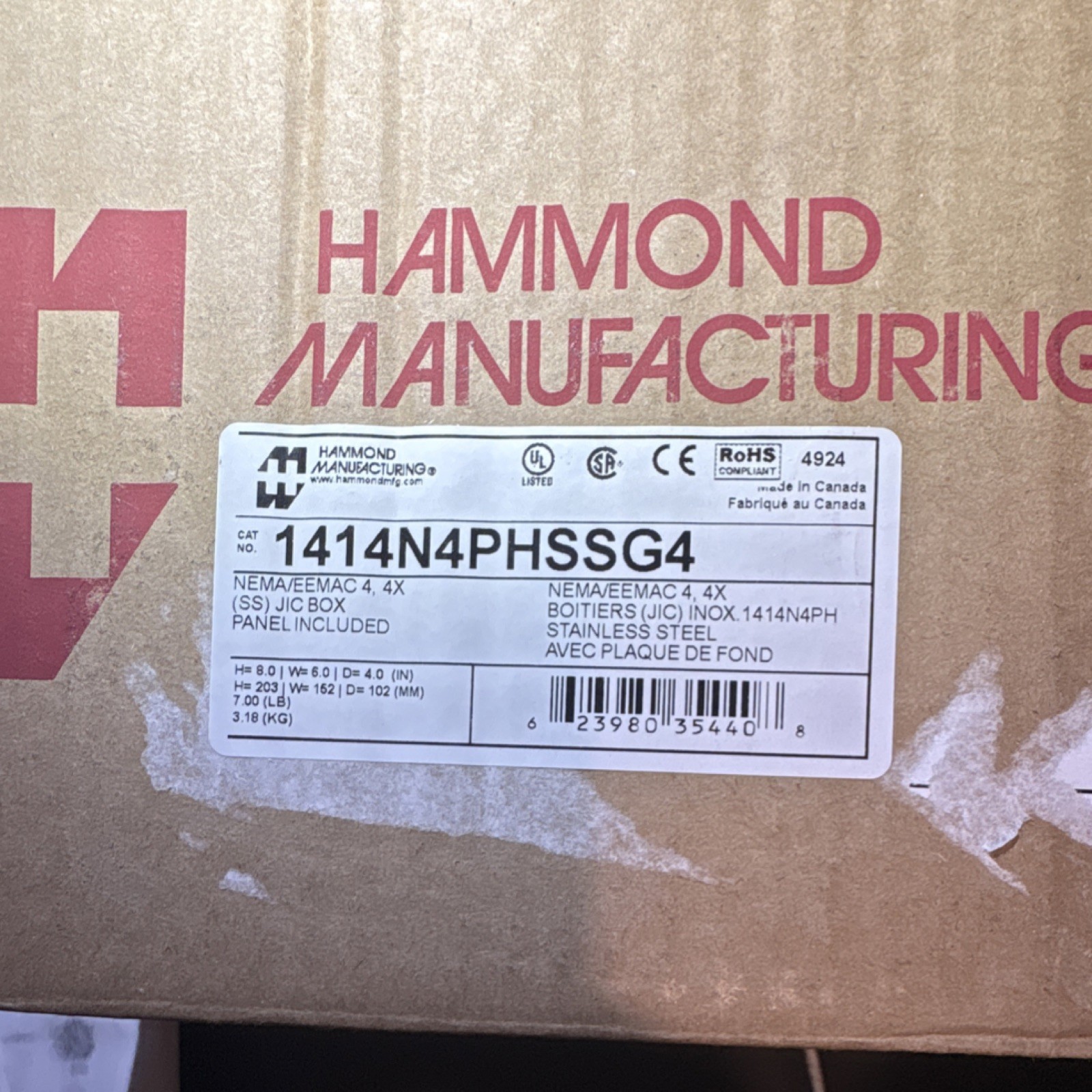 Hammond Stainless Steel JIC Box 1414N4PHSSG4 Electrical Enclosure with Panel