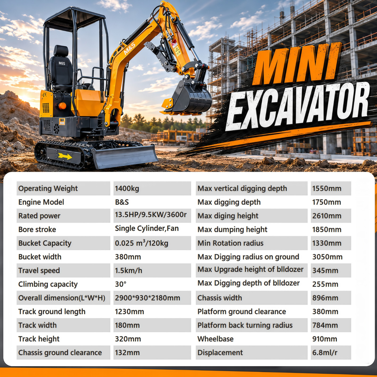 FREE SHIP 1.4Ton Mini Excavator With B&S EPA Engine Swing Boom+5 ATTACHMENT