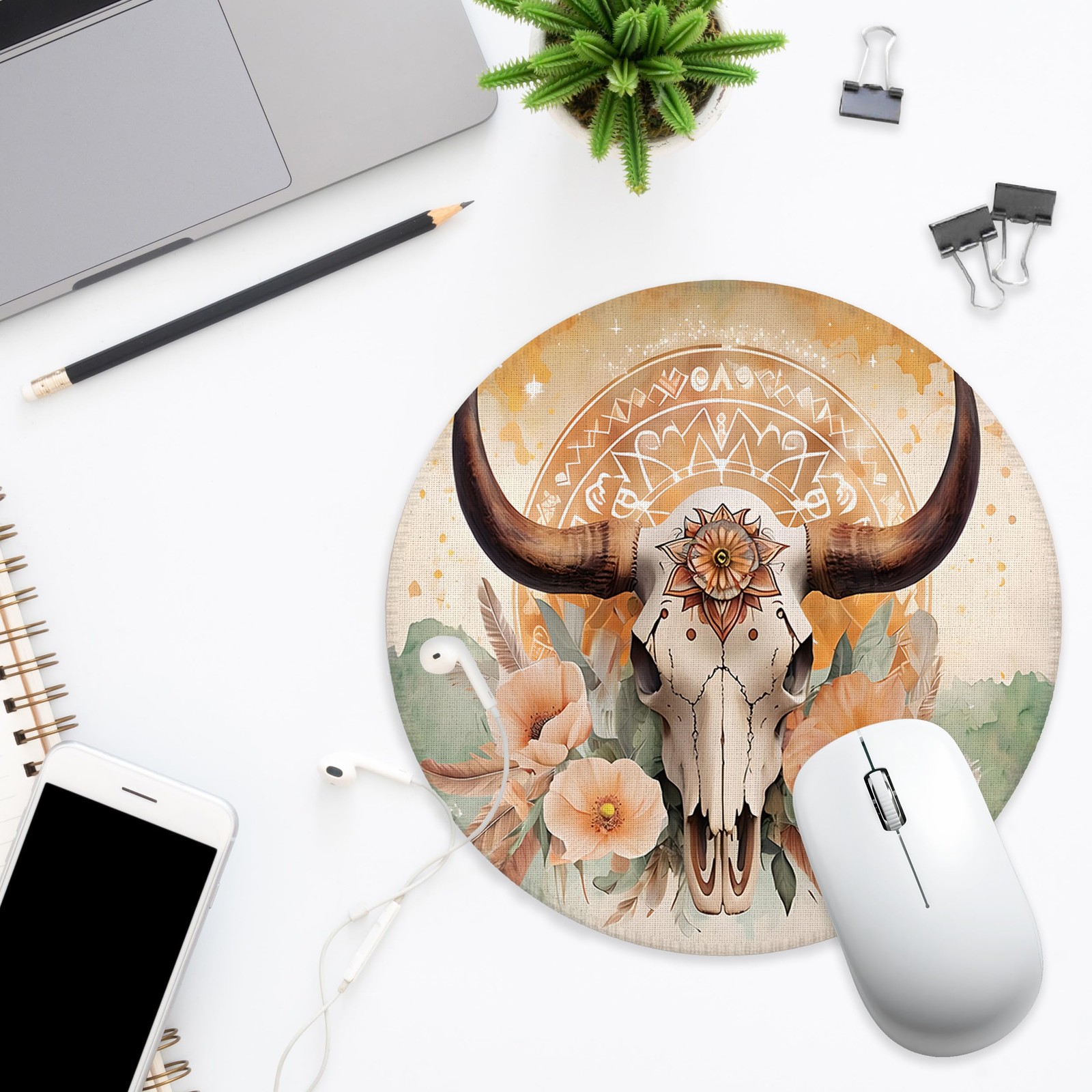 BILLAION Boho Western Bull Skull Floral Mouse Pad for 7.9×7.9 inches, 23-SBD