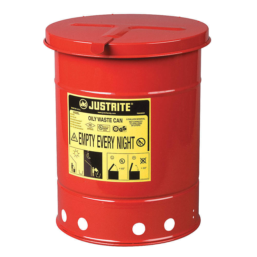 JUSTRITE 09110 Oily Waste Can,6 Gal.,Steel,Red 3TCH4