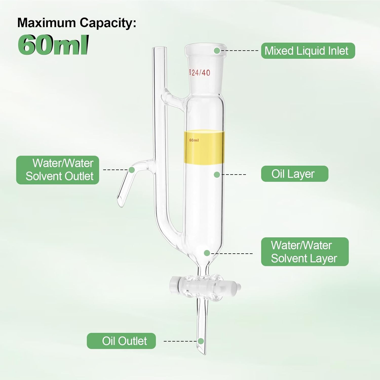 60ml Glass Water Oil Receiver Separator for Distillation Essential Oil 24/40