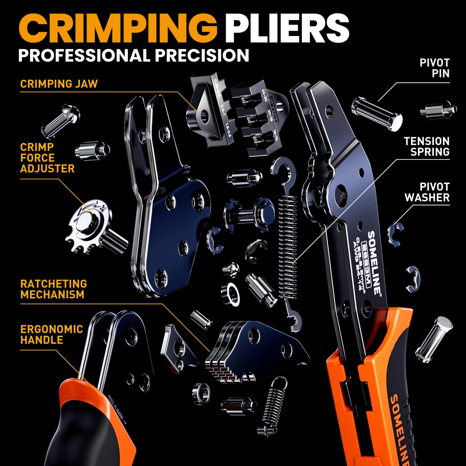 SOMELINE Open Terminal Connector Crimping Tool Kit, 14 Types, Orange, Black