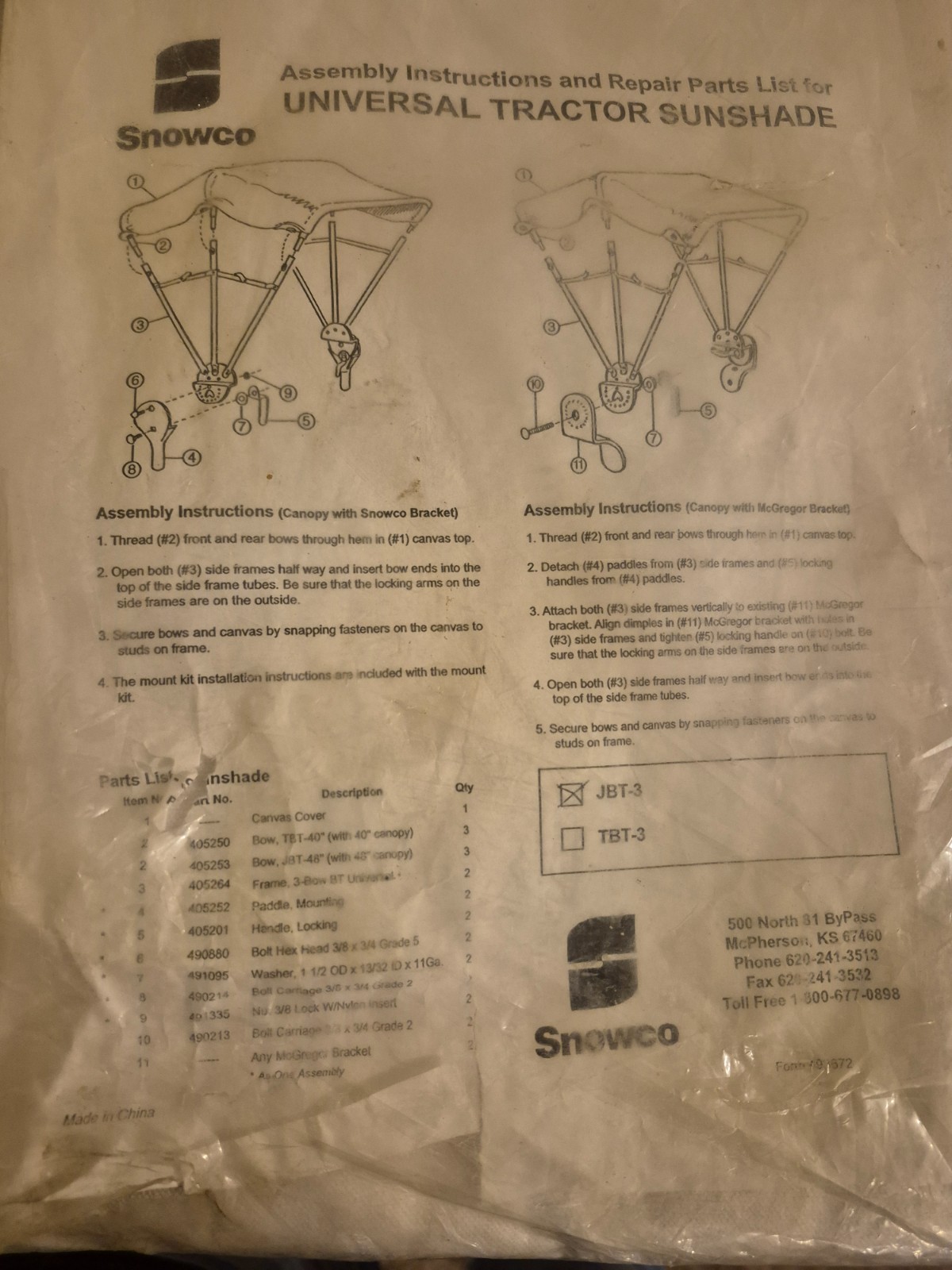 Snowco Universal Tractor Sunshade 48″ Canopy Frame- Specific Pieces Not Included